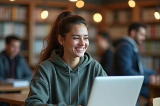 Étudiante connectée au portail numérique LEO UGA sur un ordinateur portable dans une bibliothèque universitaire moderne