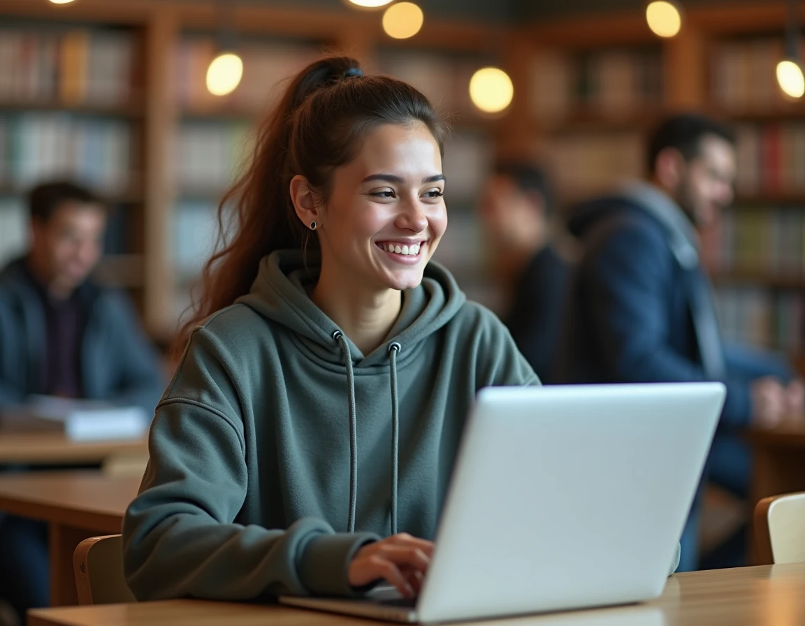 Étudiante connectée au portail numérique LEO UGA sur un ordinateur portable dans une bibliothèque universitaire moderne