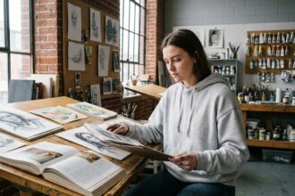 Étudiante en prépa artistique révisant son portfolio de dessins dans un atelier d'art avec des murs en briques apparentes