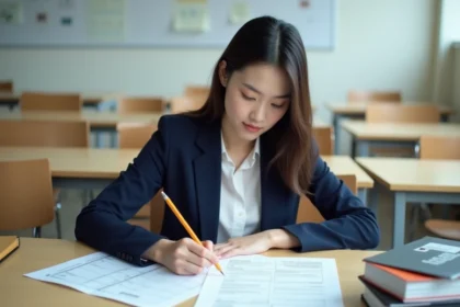 Étudiante STMG remplissant un tableau de caractérisation d'entreprise en classe