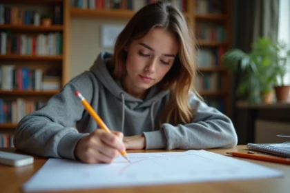 Étudiante lycéenne traçant une tangente à une courbe sur du papier millimétré à son bureau