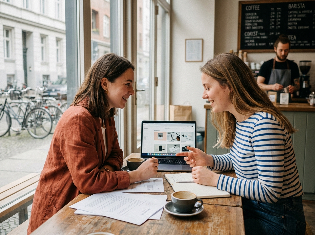 Deux étudiantes en master d'architecture d'intérieur révisant leur portfolio dans un café de leur ville de résidence