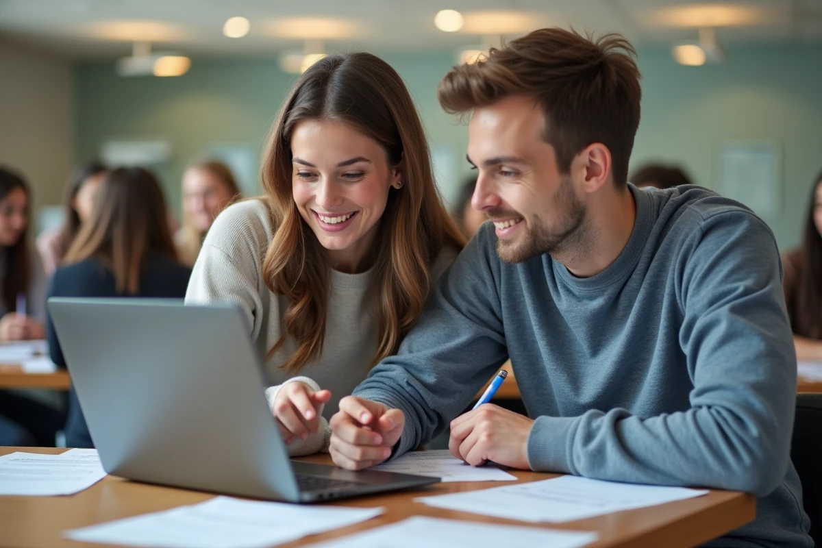 Deux étudiants en alternance consultant ensemble leur planning NetYParéo et leurs cours en ligne à l'université