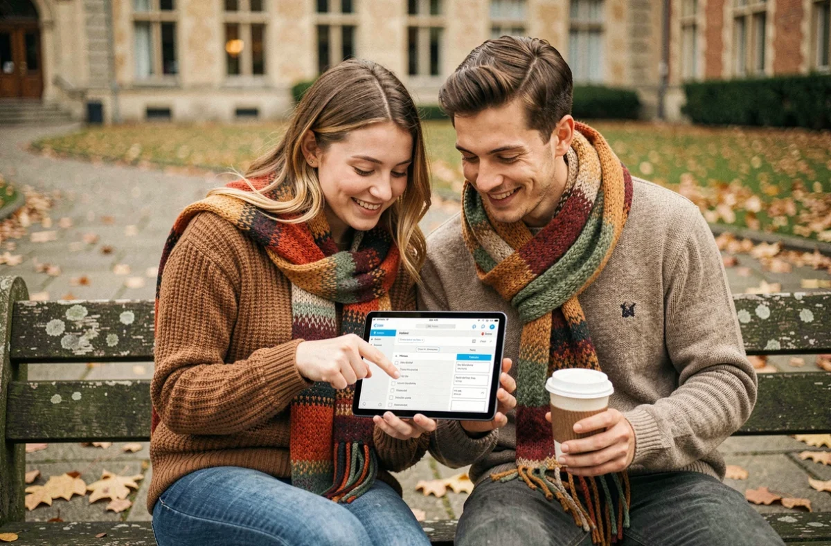 Deux étudiants consultant une check-list de rentrée universitaire sur une tablette en extérieur sur le campus