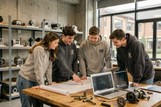 Étudiants en école d'ingénieur travaillant sur des plans techniques dans un laboratoire universitaire moderne