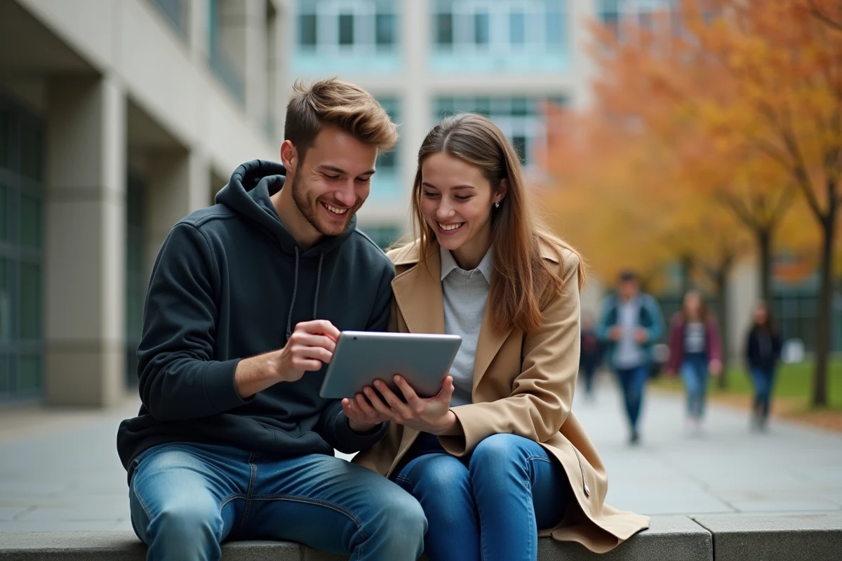 Deux étudiants consultant les nouvelles fonctionnalités de l'ENT AMU sur une tablette en plein campus universitaire
