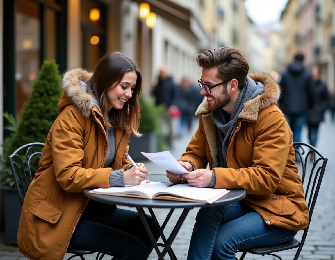 Deux étudiants révisant ensemble les articles définis et indéfinis en français autour d'un cahier de grammaire en terrasse de café