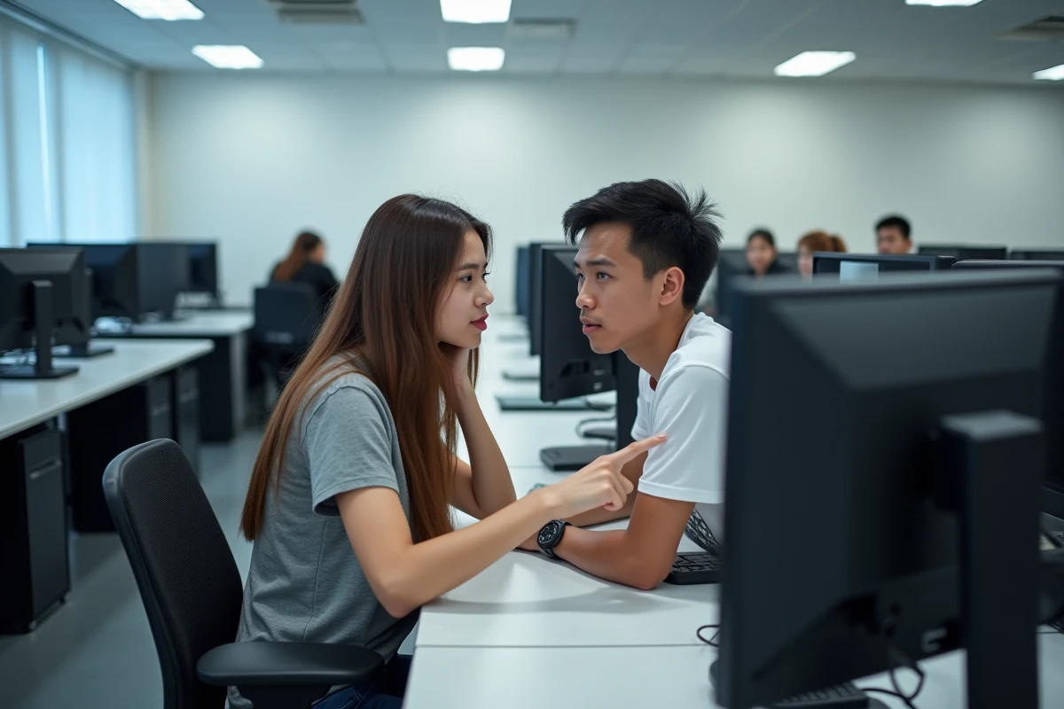Deux étudiants configurant les paramètres de sécurité d'un compte Cuyclade dans un laboratoire informatique universitaire