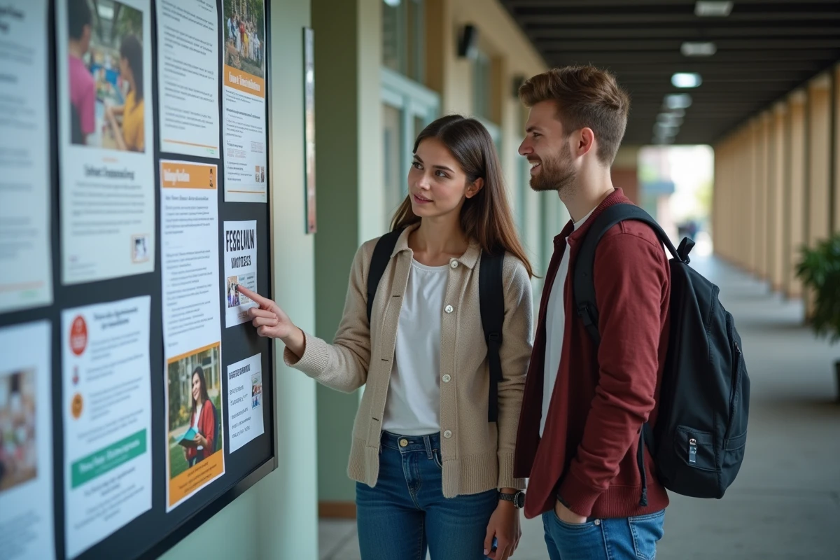 Deux étudiants d'une école de jeux vidéo consultant un tableau d'affichage avec les tarifs des formations et les annonces de bourses dans un couloir de campus