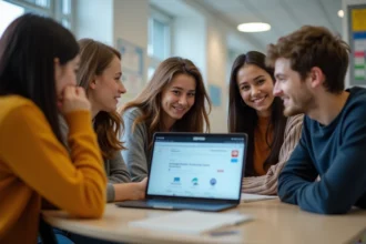 Groupe d'étudiants universitaires autour d'un ordinateur portable