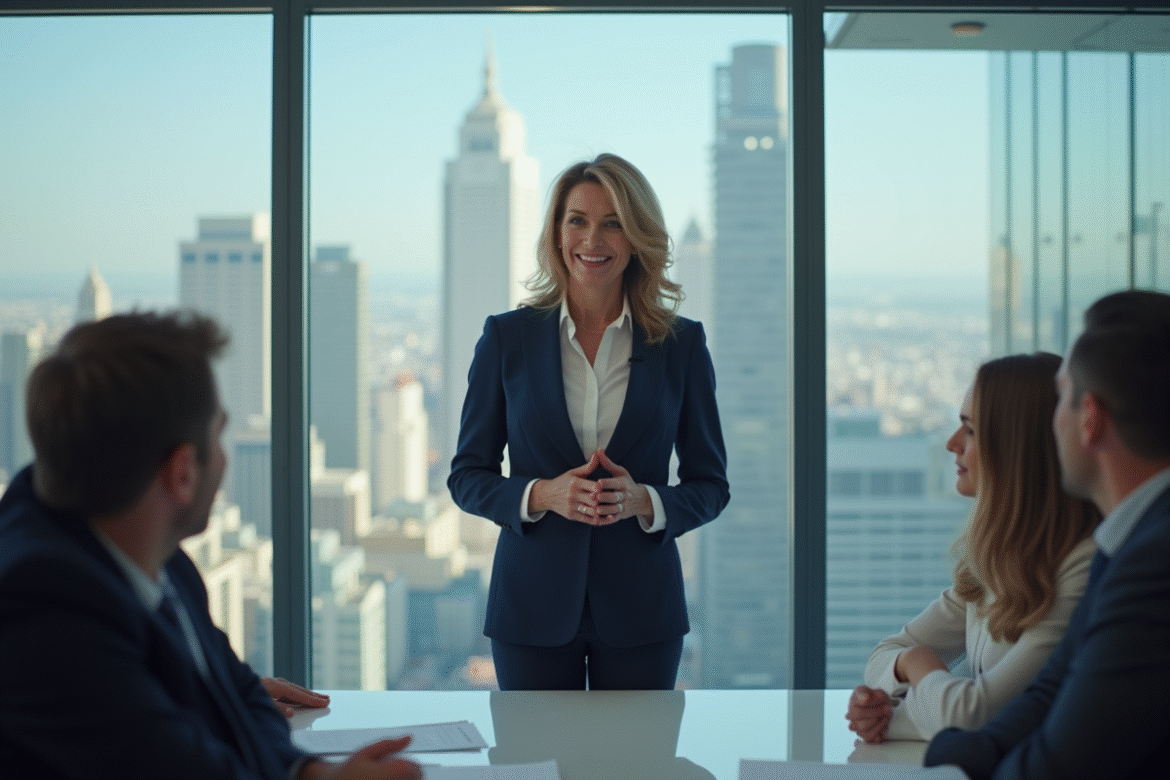 Femme d'affaires en costume navy lors d'une réunion professionnelle