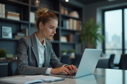 Femme d'affaires concentrée travaillant sur son ordinateur dans un bureau moderne
