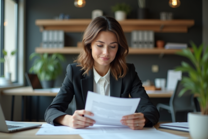 Femme d'affaires en bureau moderne en tenue professionnelle