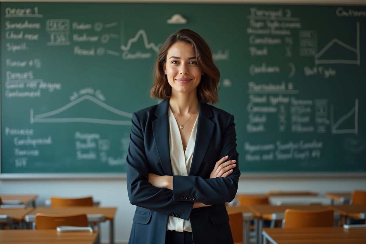 Femme en blazer devant un tableau de graphiques en classe universitaire