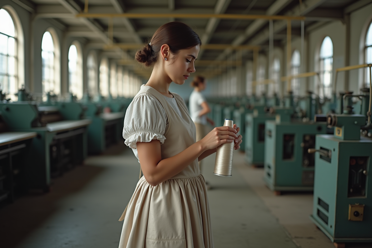 Jeune femme travaillant dans une usine textile ancienne
