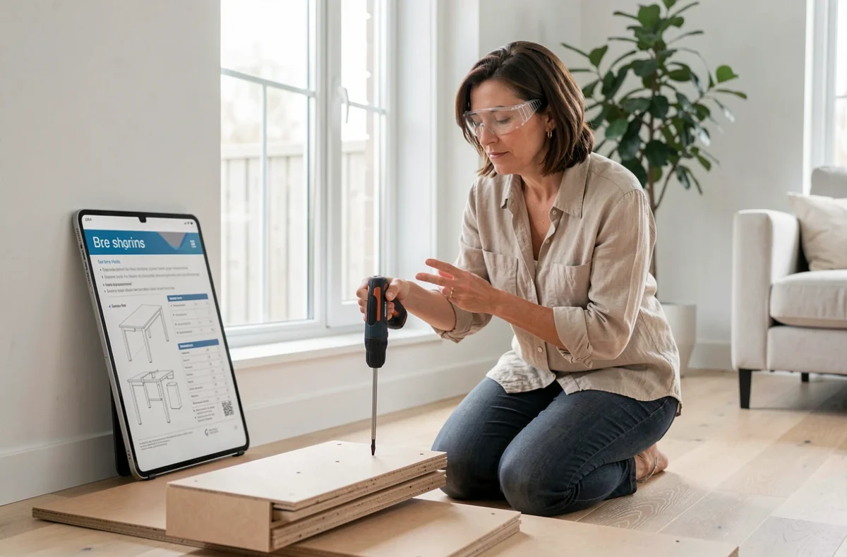 Femme de niveau intermédiaire en bricolage assemblant un meuble avec une visseuse électrique et un guide numérique
