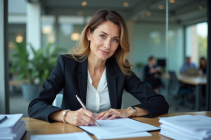 Femme professionnelle remplissant un dossier de certification dans un bureau moderne