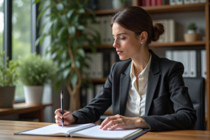 Femme en réunion de travail dans un bureau moderne