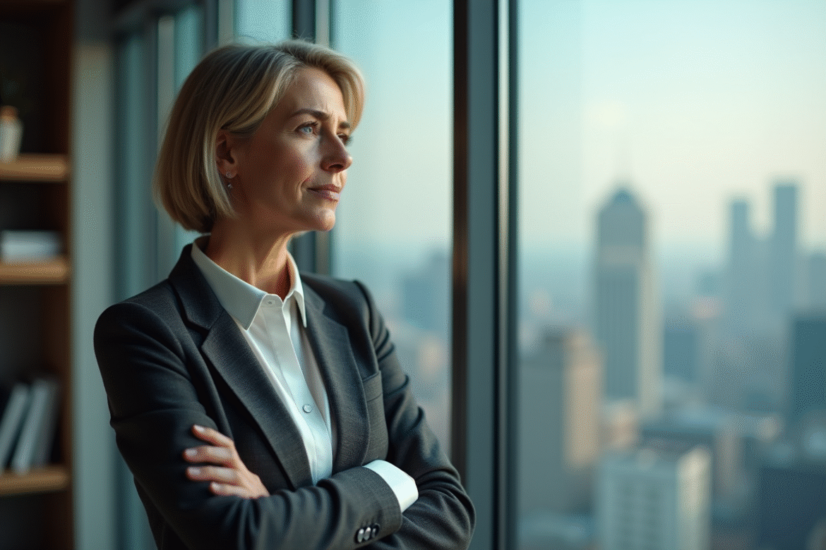 Femme d'âge moyen dans un bureau moderne contemplant la vue
