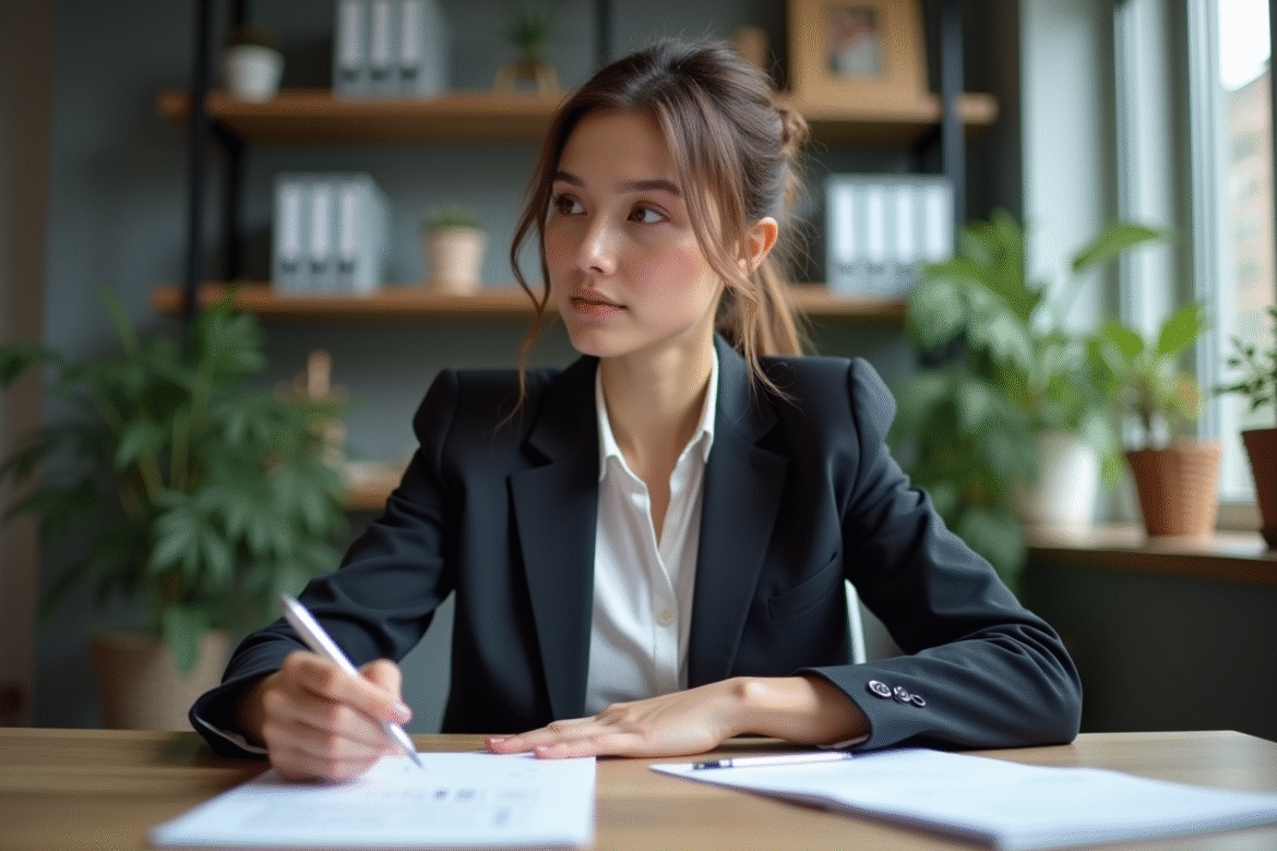 Femme en tenue professionnelle réfléchissant au bureau