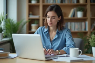 Femme en ligne de formation dans un bureau moderne