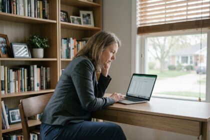 Femme d'âge moyen au bureau à domicile concentrée