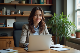 Jeune femme au bureau avec ordinateur et notes