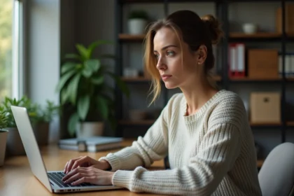 Femme d'affaires concentrée tapant son mot de passe sur un ordinateur