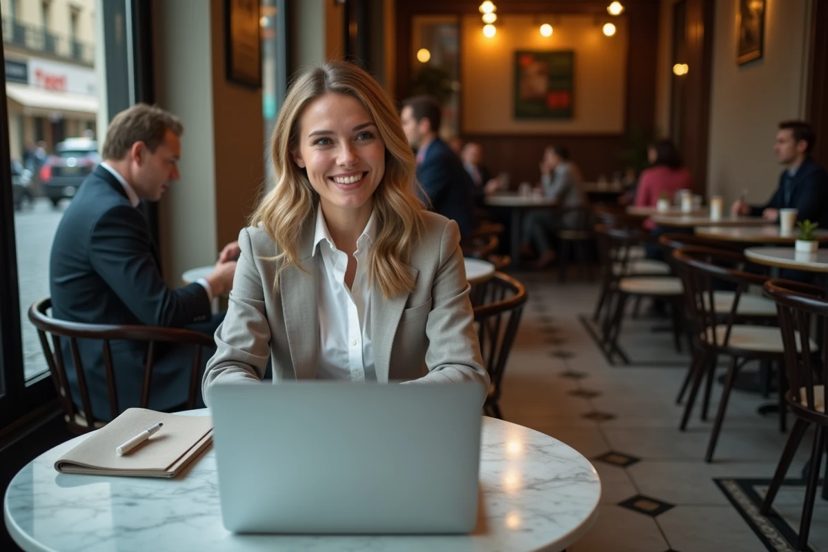 Jeune femme travaillant dans un café parisien avec ordinateur et carnet
