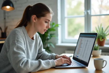 Femme travaillant sur un tableau Excel avec calcul de moyenne pondérée sur un ordinateur portable dans un bureau à domicile