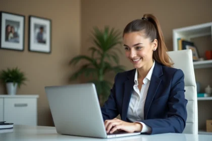 Femme professionnelle met à jour son CV dans un bureau moderne