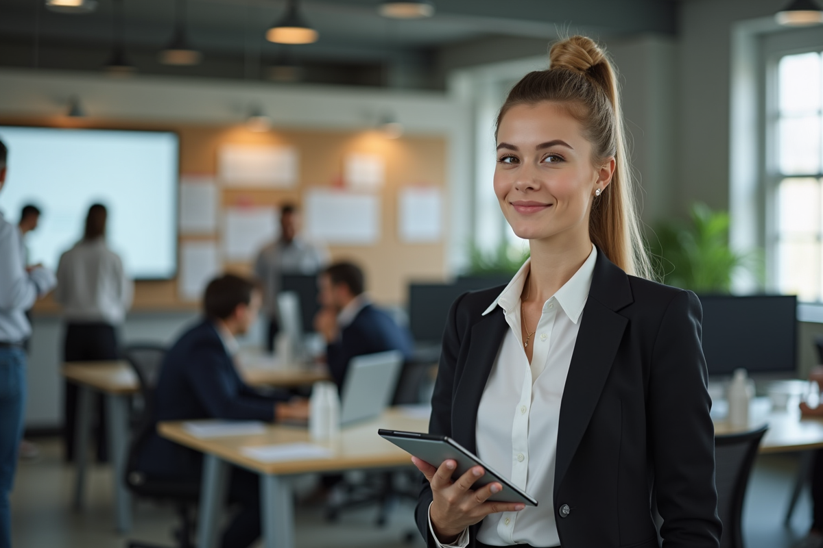 Jeune femme en discussion dans un espace de travail dynamique