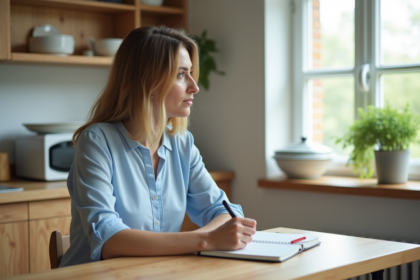 Femme assise à la cuisine prenant des notes dans un carnet