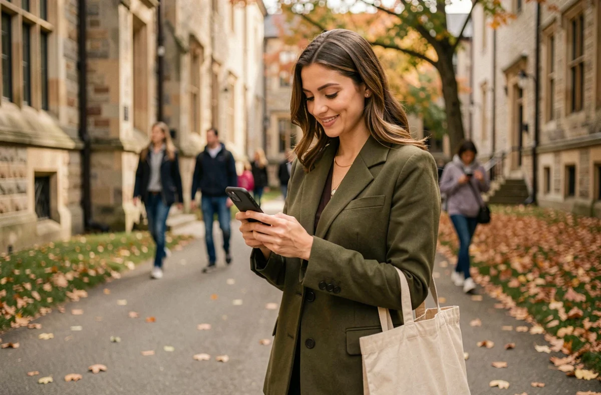 Femme consultant son emploi du temps universitaire sur mobile en marchant sur un campus en automne