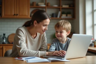 Femme et enfant regardant un ordinateur dans la cuisine