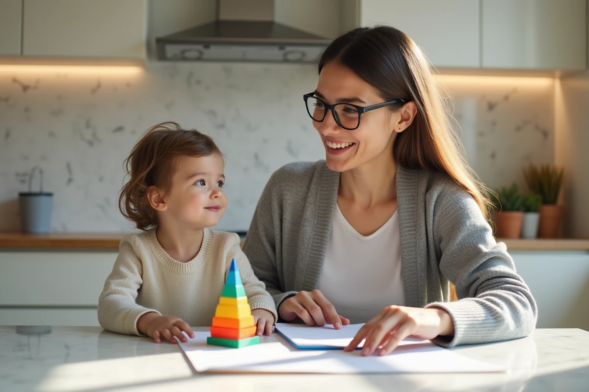 Femme expliquant un modèle géométrique à un enfant dans la cuisine