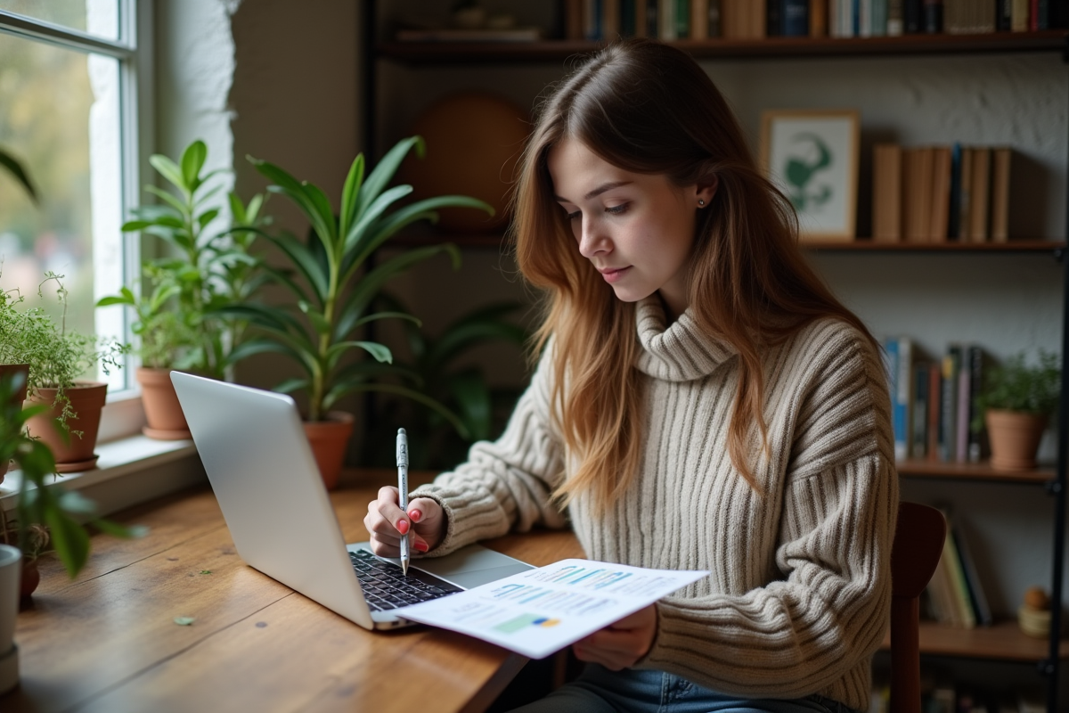 Jeune femme en étude à la maison avec livres et plantes