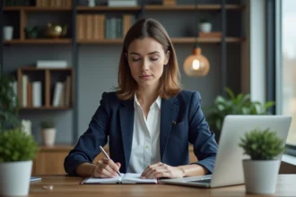 Femme professionnelle consultant une plateforme de formation en ligne CPF sur son ordinateur portable dans un bureau à domicile moderne