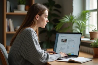 Femme apprenant en ligne sur une plateforme e-learning type Moodle depuis son bureau à domicile