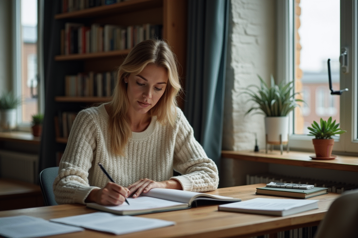 Femme en bureau à domicile écrivant dans un carnet