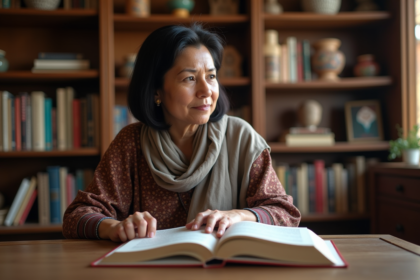 Femme méditative lisant un livre dans un intérieur chaleureux
