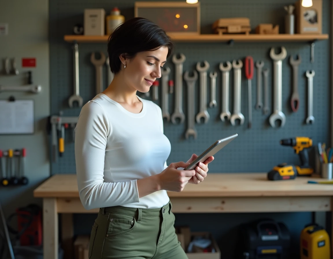 Femme consultant un module de formation bricolage sur tablette dans un atelier de garage bien organisé