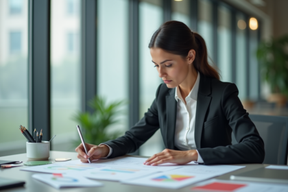 Femme en costume organisant des documents colorés au bureau