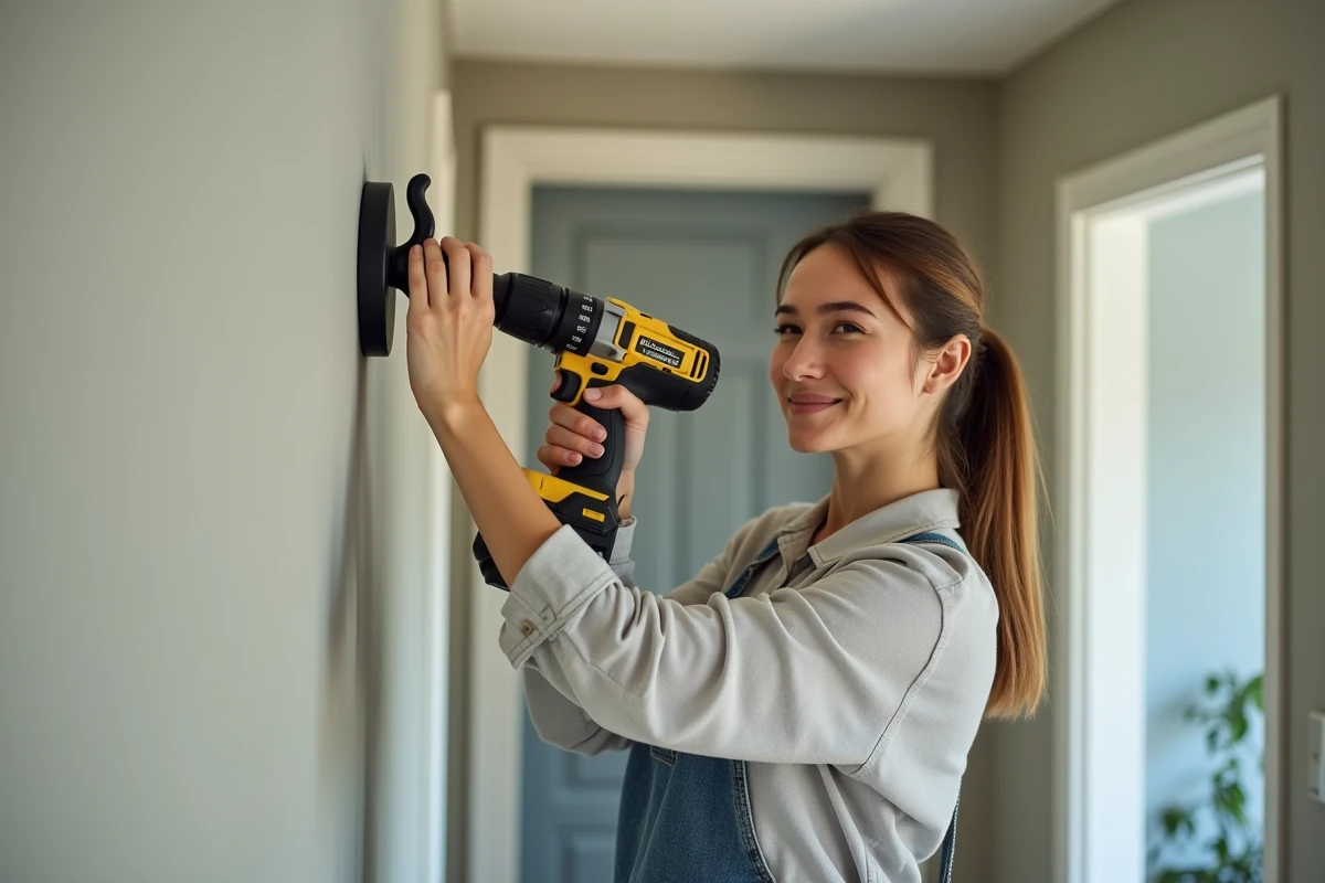 Jeune femme fixant un crochet dans un couloir