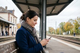 Jeune femme en blazer consulte son smartphone à la gare de Haguenau