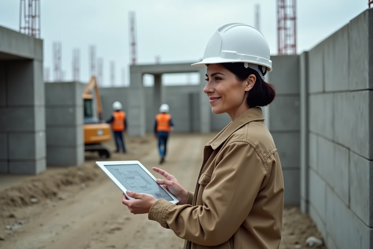 Une femme adulte en reconversion professionnelle sur un chantier BTP avec tablette de formation