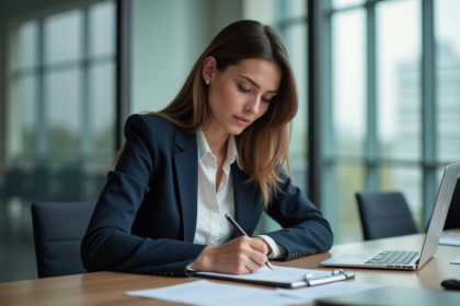 Femme en réunion de travail en bureau moderne