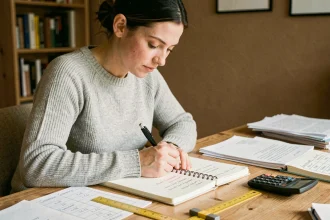 Femme qui écrit des conversions de mesures dans un carnet sur un bureau en bois avec tableaux de conversion et calculatrice