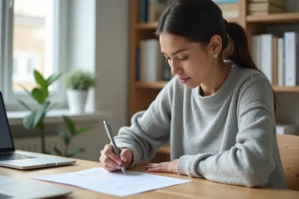 Femme concentrée remplissant un test de QI imprimé à son bureau à domicile, illustrant le choix entre test officiel gratuit et payant