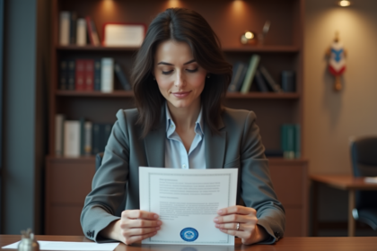Femme vérifiant un certificat officiel avec sceau bleu